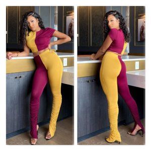 Color Block Top & Ruched Pants Set